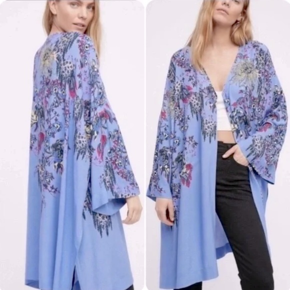 Intimately Free People Don’t Know Rain Blue Floral Open Front Kimono M/L - Picture 1 of 4